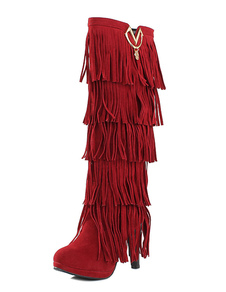 Bohème bottes talon haut rouge genou frange haute Cowgirl longues bottes pour dames