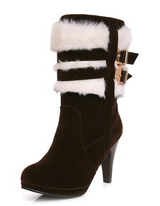 Talon noir bottes daim Round Toe fausse fourrure Buckle bottes courtes pour femmes