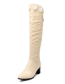 Talon blanc bottes Knee High Chunky talon Zipper fleur haute bottes femmes