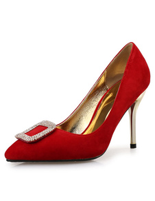 Daim noir pompes talon aiguille carrée strass chaussures pour femmes