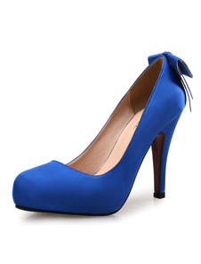 Talon bleu pompes à talons hauts Round Toe Bow chaussures pour femmes