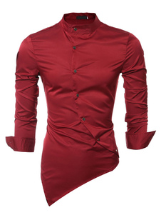Rouge propagation asymétrique coton forme mince chemise chemise homme à manches longues