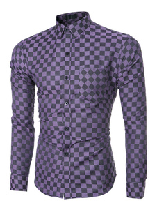 Chemise à manches longues violet Plaid Slim Fit chemise Casual pour hommes