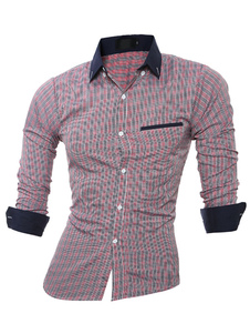 Longue chemise rouge propagation Plaid Slim Fit Casual chemise à manches pour les hommes