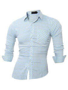 Bleu Slim Fit coton Casual chemise chemise hommes à manches longues