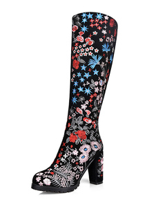 Bottes à talons épais en cuir noir brodé