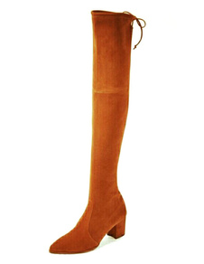 Cuissardes belles à talons épais en cuir poncé unicolore en tissu