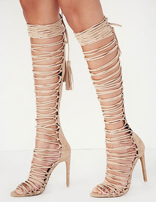 Gladiator sandales bottes au-dessus glands du genou haut talon féminin en cuir sandales bohèmes