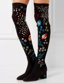 Cuissardes belles à talons épais en micro-fibres noir imprimé étoile imprimé fleuri en fausse fourru