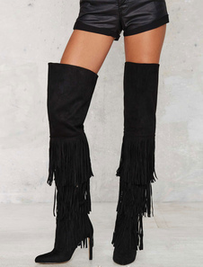 Cuissardes chic à talons aigus en tissu de terry noir unicolore avec frange en fausse fourrure