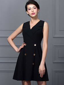 Litière robe noire V cou sans manches Double Breasted Party Dress pour femmes
