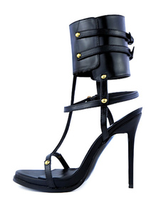 Sandale en cuir, bottes Open Toe boucle sandales talons hauts noir féminin