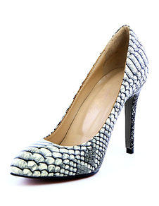 Chaussures à talons à talons aigus en cuir écru blanc et motif serpent mocassin de PU cuir