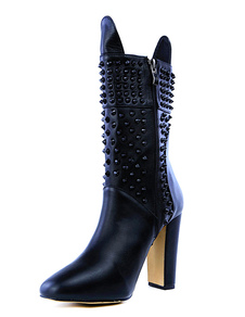 Bottes mi-mollet noires Zip à bout rond en cuir unicolore