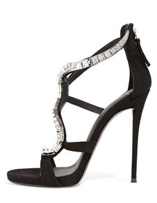 Sandales chic de mariée en PU noir unicolore avec cristal à talons aigus Zip