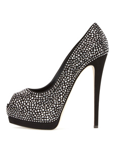 Chaussures plateforme de mariage en PU noir unicolore avec strass à talons aigus fait main