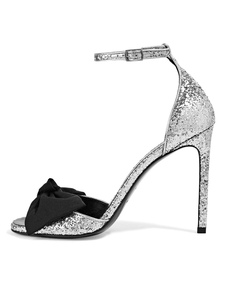 Sandales de mariée Paillette argent avec noeud et noeud à talons aigus ruban aux chevilles