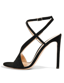 Sandales de mariée en tissu de terry noir unicolore croisé à talons aigus croisé