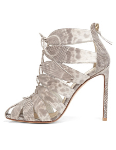 Sandales gladiateur gris haut talon découpe lacent vers le haut de serpent impression Open Toe botti