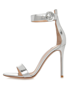 Sandales de mariée en cuir laqué argent unicolore avec boucle à talons aigus fait main