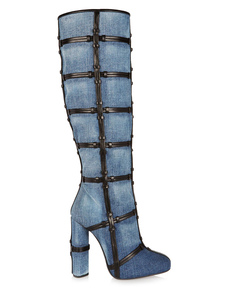 Bottes femme à talons épais en toile bleu unicolore