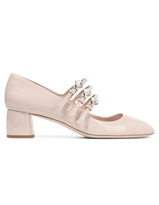 Escarpins à talons épais en cuir laqué nude unicolore Mary Janes avec cristal à semelle caoutchouc