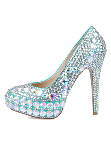 Chaussures plateforme de mariage en PU bleu unicolore avec strass à talons aigus mocassin