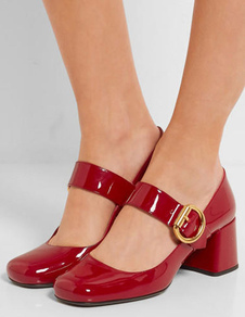 Escarpins à talons épais en cuir laqué rouge style cuir verni Mary Janes et semelle caoutchouc