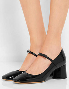 Escarpins à talons épais en cuir laqué noir style cuir verni Mary Janes et semelle caoutchouc