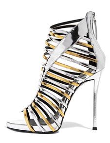 Sandales de mariée en PU argent bicolore avec zip à talons aigus fait main