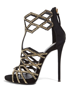 Sandales chic de mariée en tissu de terry noir unicolore creusé à talons aigus Zip