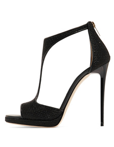 Sandales de mariée en faux cuir noir unicolore avec zip à talons aigus Zip