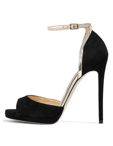 Sandales de mariage en micro daim noir unicolore à talons aigus ruban aux chevilles