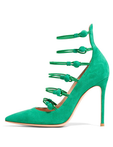 Exquises chaussures à talons à talons aigus en micro daim vert unicolore fait main avec bouton en cu