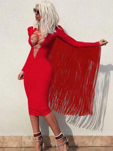 Robes de soirée rouge Long Sleeve glands plongeant dentelle célébrité Bodycon femmes robes