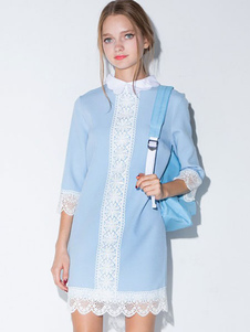 Robe en dentelle bleu embelli col 3/4-longueur robe courte à manches pour les femmes