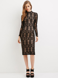 Dentelle noire robe bijou moderne Illusion manches longues robe Bodycon