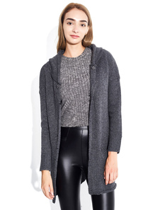 Long manche pull femme gris foncé coton capuche tricot Cardigan