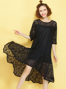 Charmante robe droite casual en dentelle noir unicolore à demi-transparence avec dentelle col rond