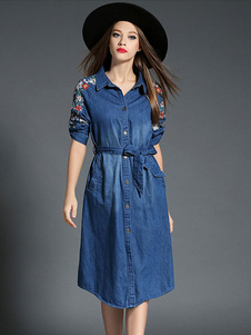 Robe bleu Skater répartis 3/4 longueur manches robe Denim avec ceinture brodée