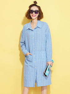 Chemise bleue robe manches longues propagation cou rayé robe pour femmes