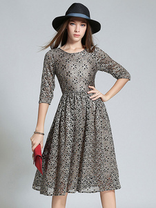 Chic demi-manchon Sequins Flare dentelle robe féminine imprimés robe patineuse plissée