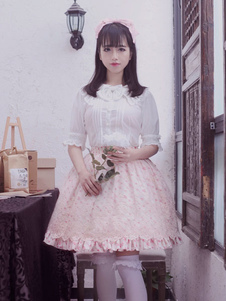 Classic Lolita Robe dentelle noeuds imprimés Elsa hiérarchisé jupe Lolita rose