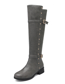 Bottes chic à talons chiots en PU unicolore avec boucle