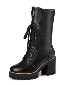 Bottes mi-mollet à bout rond en PU unicolore