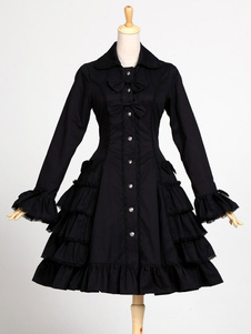 Gothic Lolita Robe OP One Piece coton manches longues Bow Ruffle couches Noir Lolita Robe