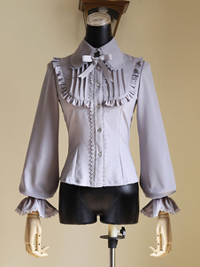 Chemisier lolita doux en coton mélangé unicolore à volants colet revers