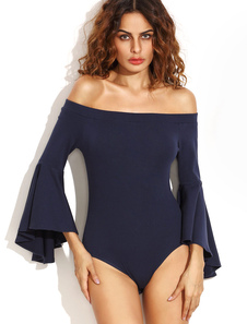 Sexy Body Dark marine longue évasée manchon femmes le Body de l’épaule