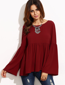 T-shirt plissé Flare Long Manche femmes volantée Blouses décontractés