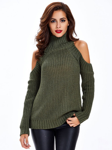 Pull en tricot ouvert épaule manches longues col haut vert Pullover Sweater féminin
